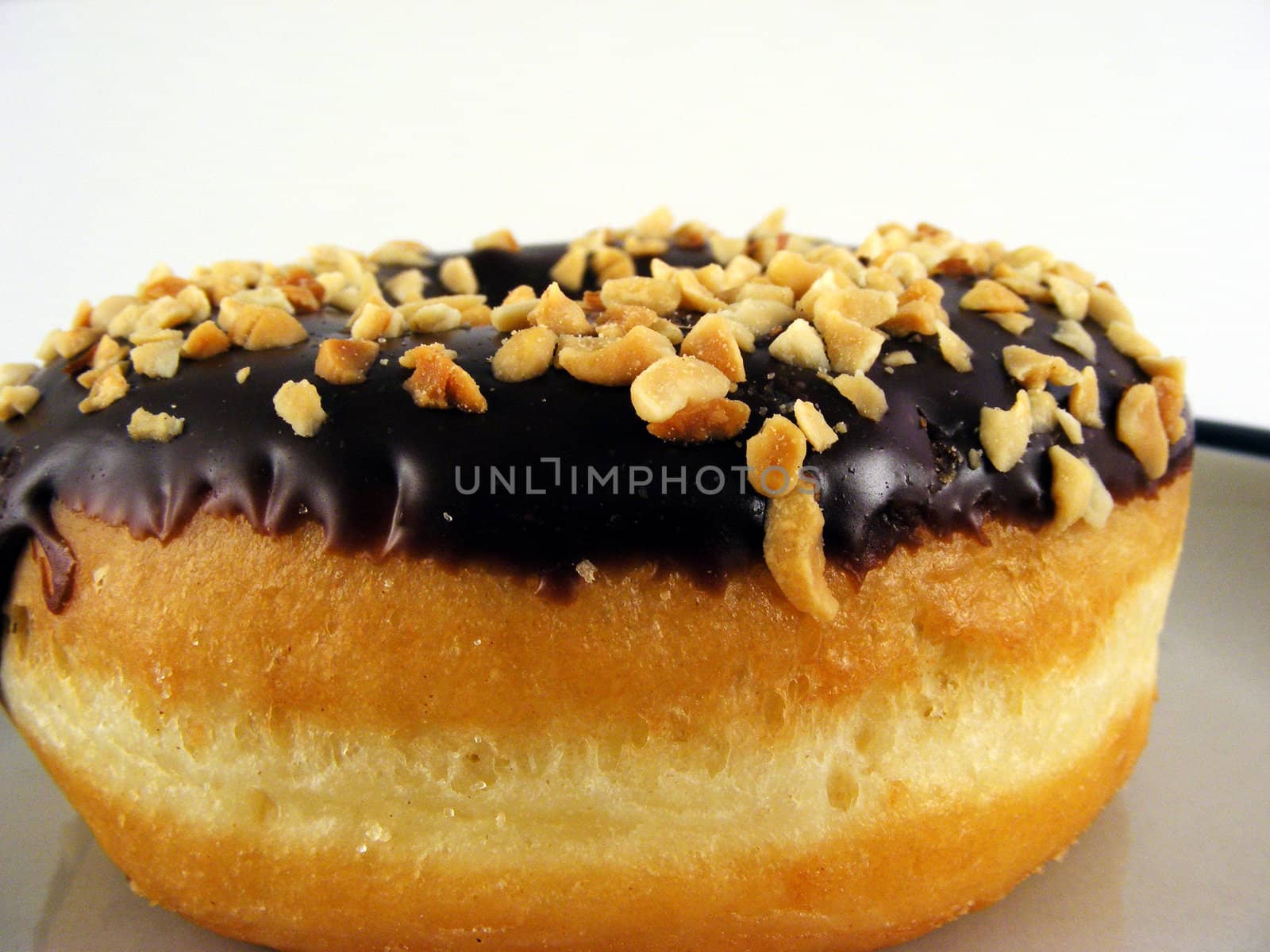 A chocolate iced donut with nuts on a plate against a white background.