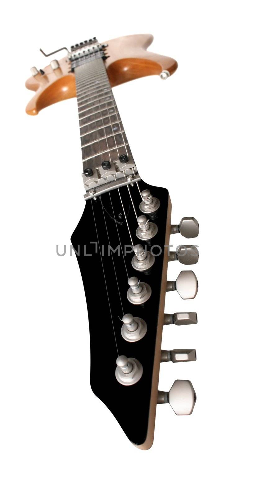 Wide-angle shot of an electric guitar isolated on white by Gdolgikh