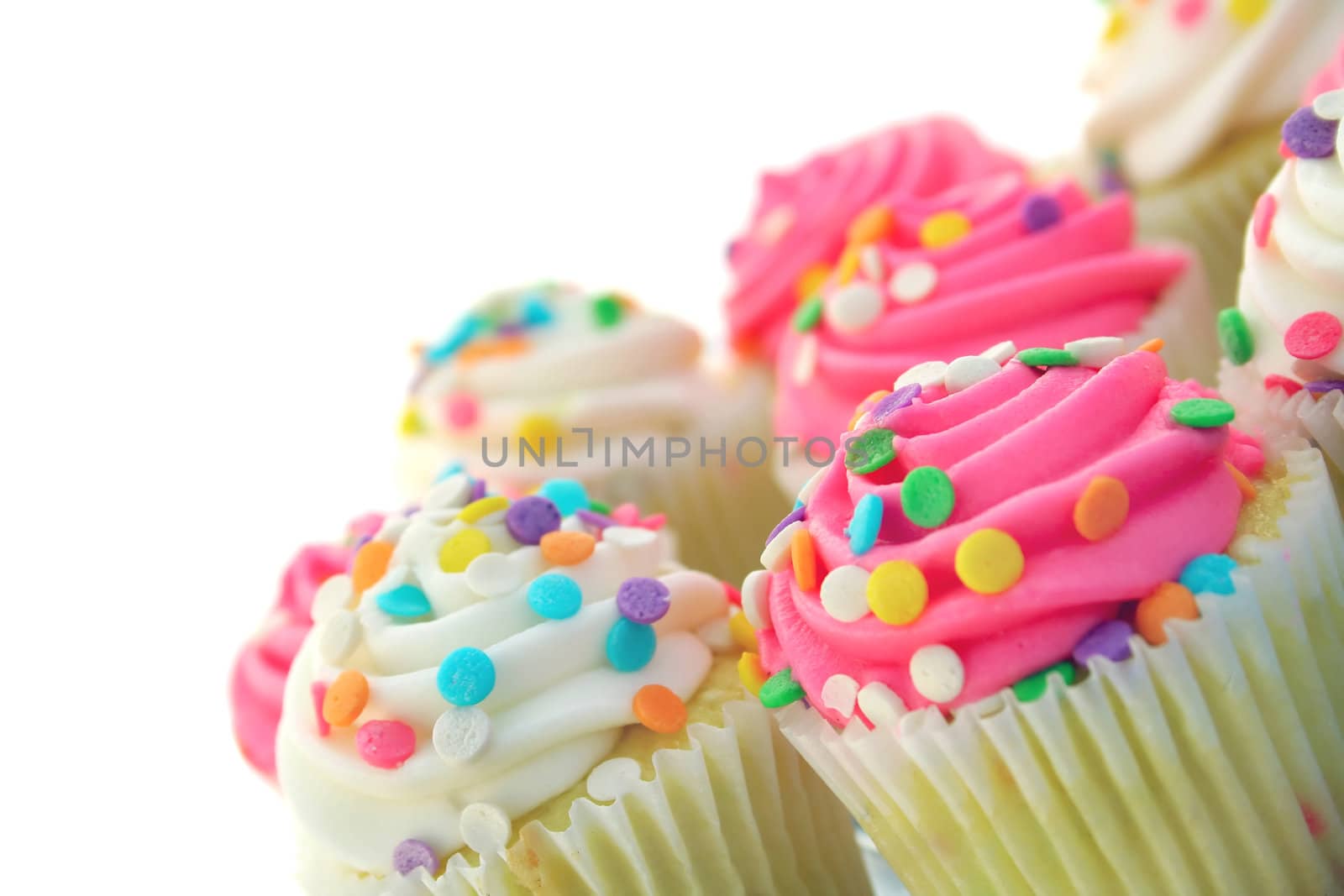 Birthday Cupcakes with pink and white icing and sprinkles with a slant on a white background and room for copyspace.