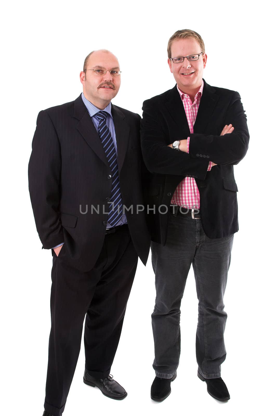 Two businessman standing together on white background 
