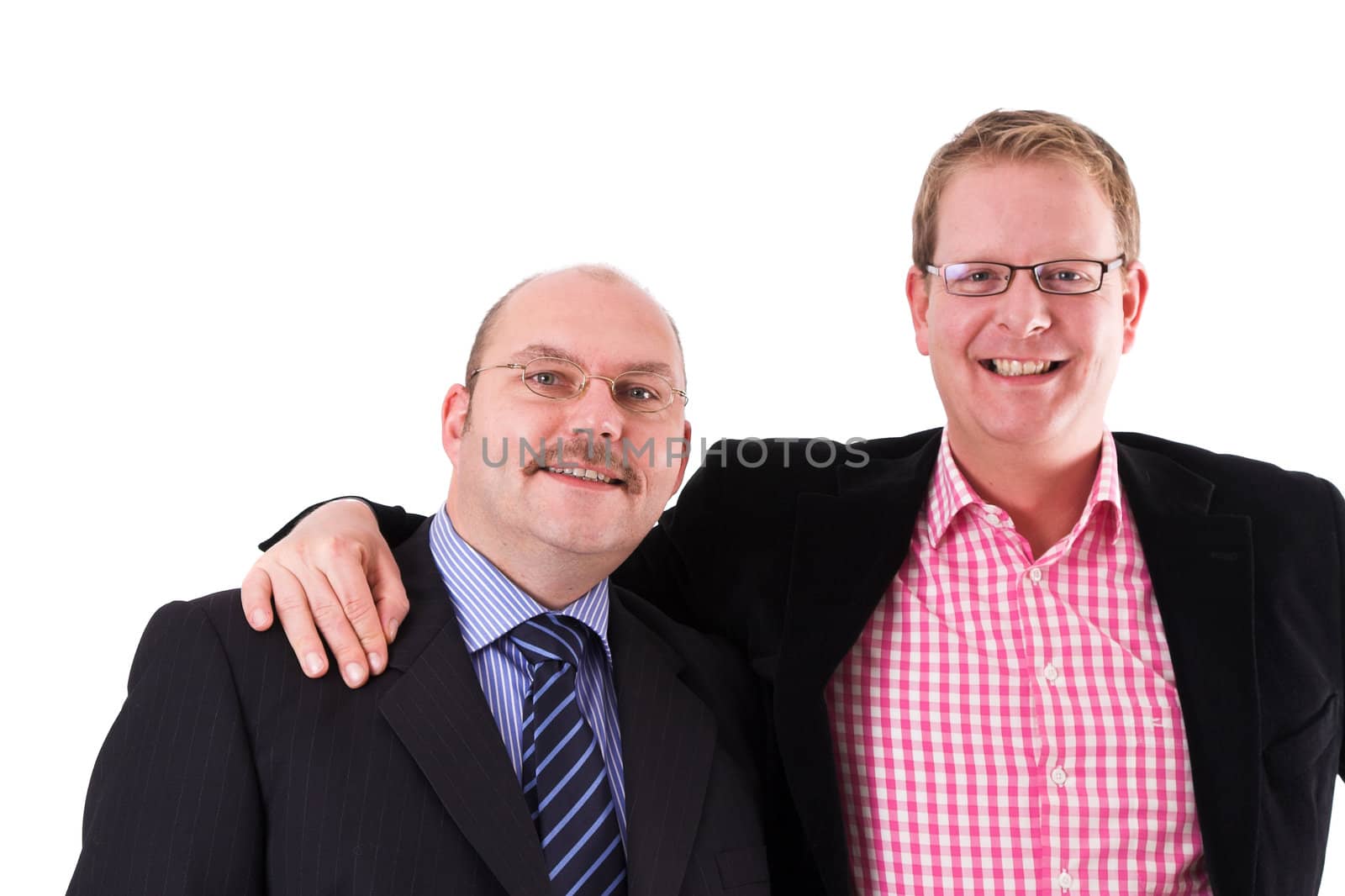 Two businessman dressed in suits, friends at work