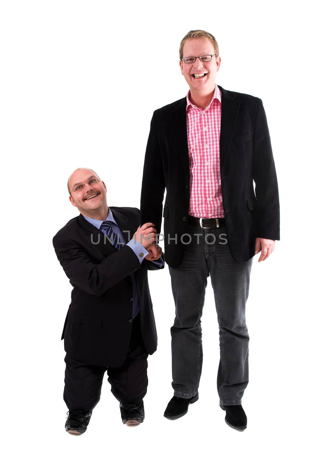 Two businessman standing against white background; one being very small, the other being very tall