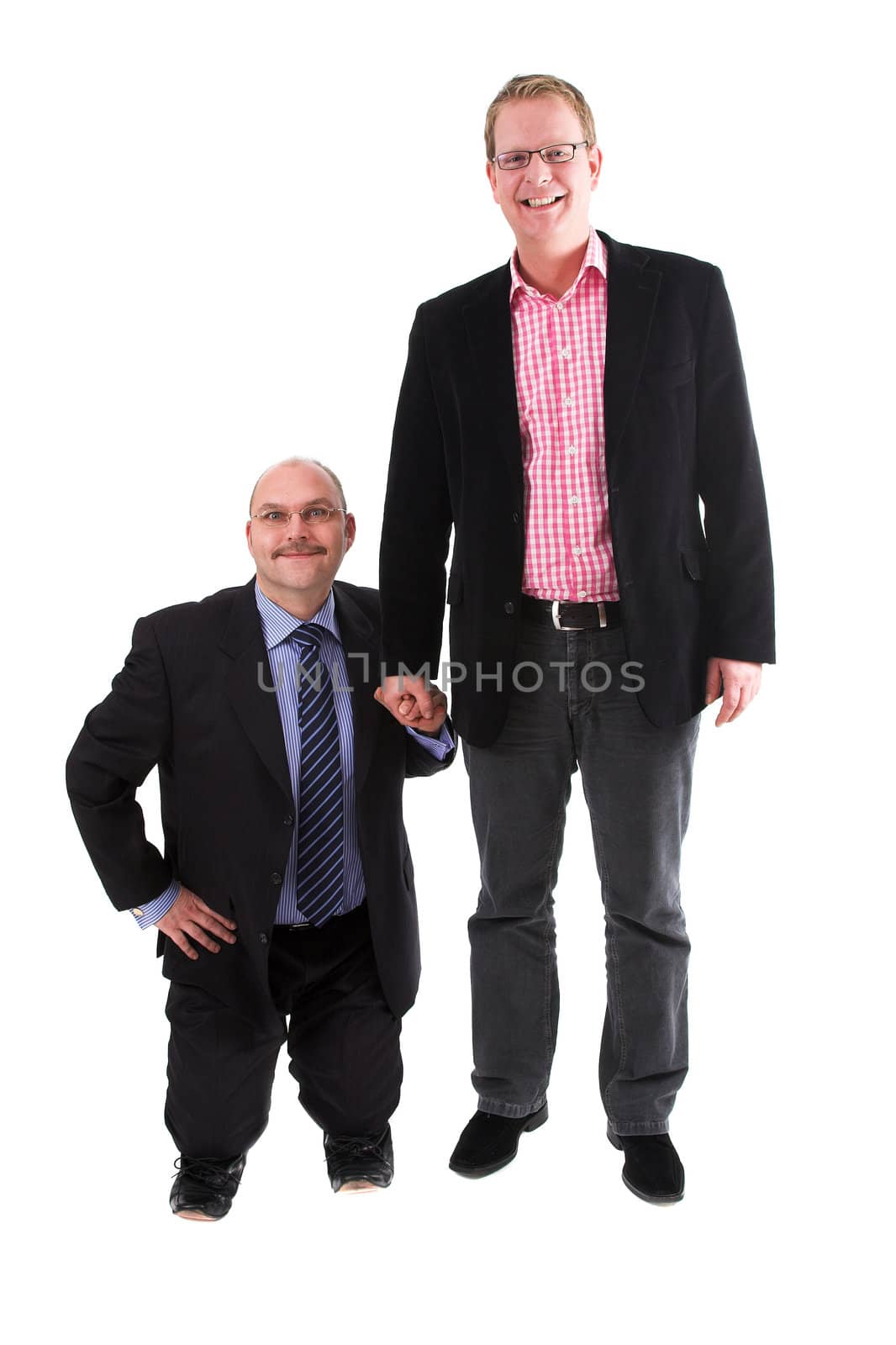 Two businessman standing on white background. one very small man and a very tall man
