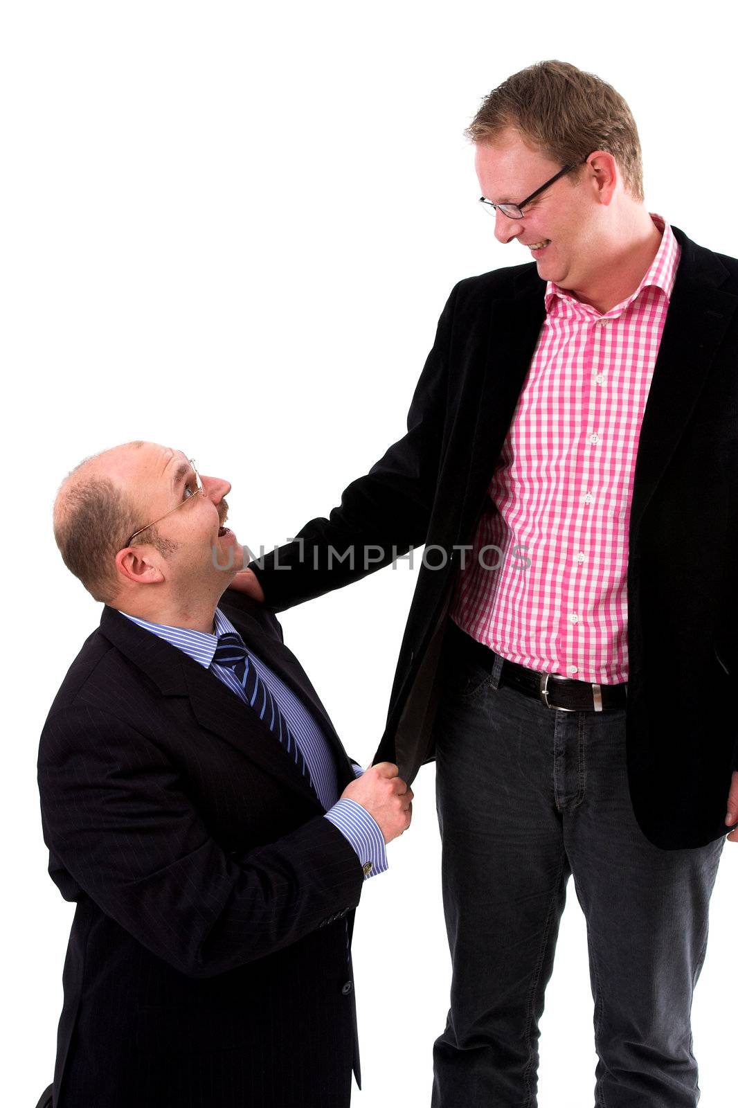 Two businessman standing next to eachother on white background