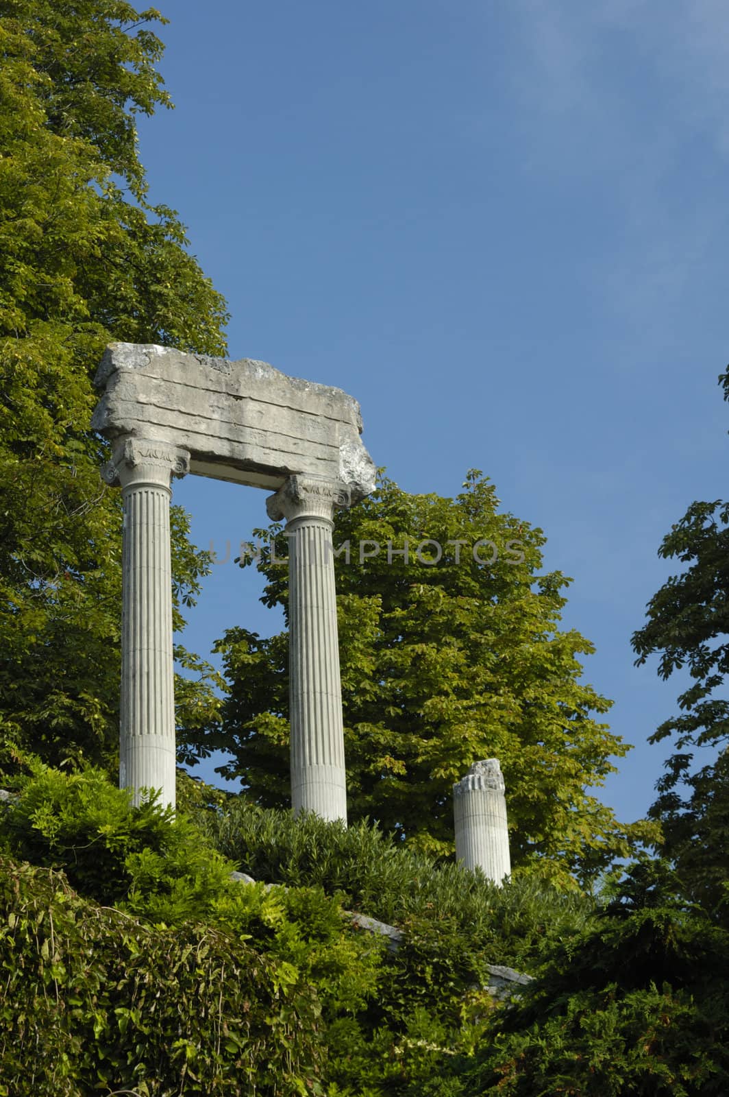 The remains of a Roman building standing isolated and mysterious, in the woods. Space for text in the sky.