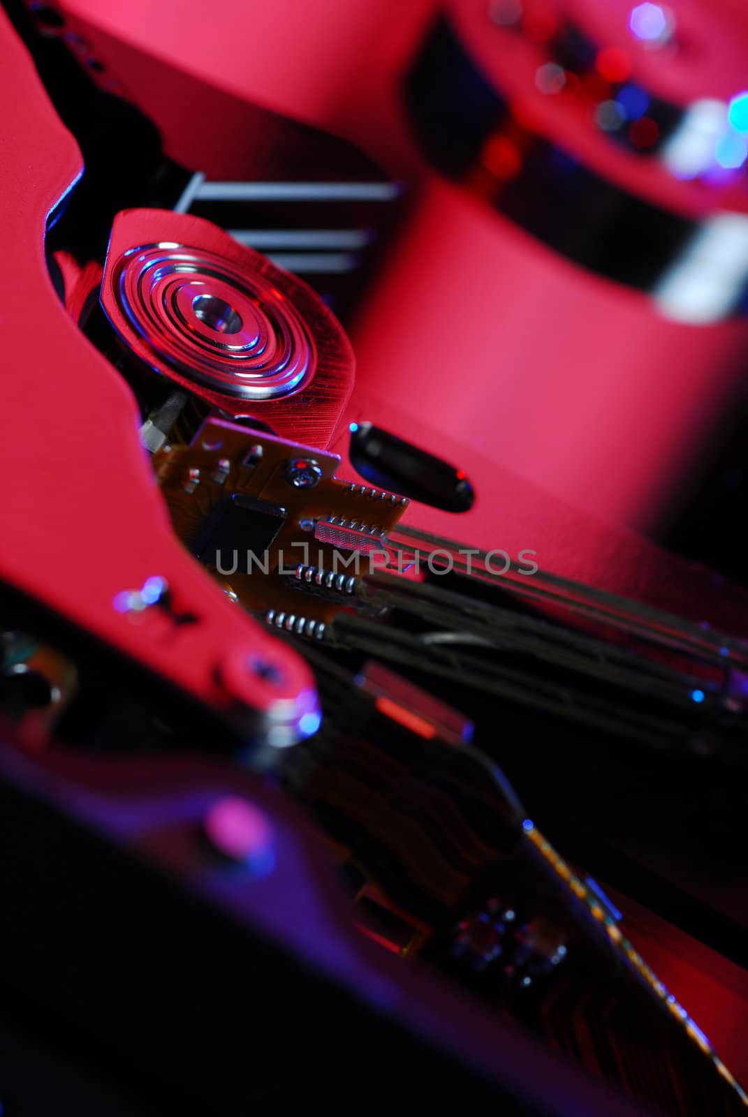Open hard disk close-up with reflective surface