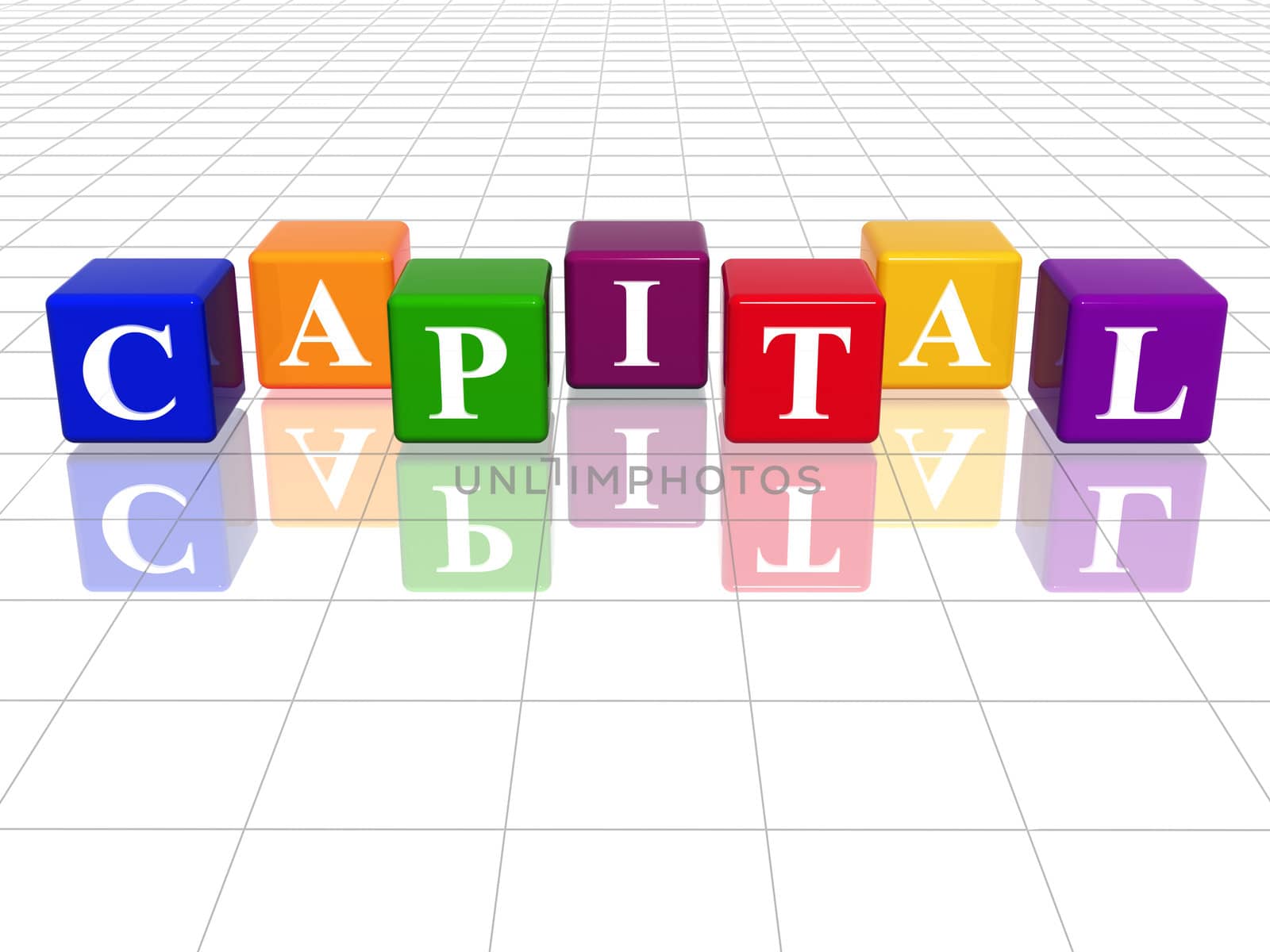 3d colour cubes with text - capital, word, with reflection