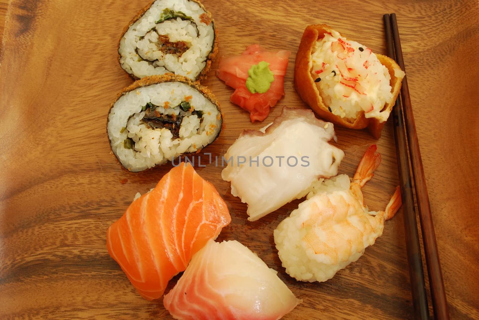sushi meal with nigiris (salmon, swordfish, shrimp, octupus) and tofu/sardine rolls