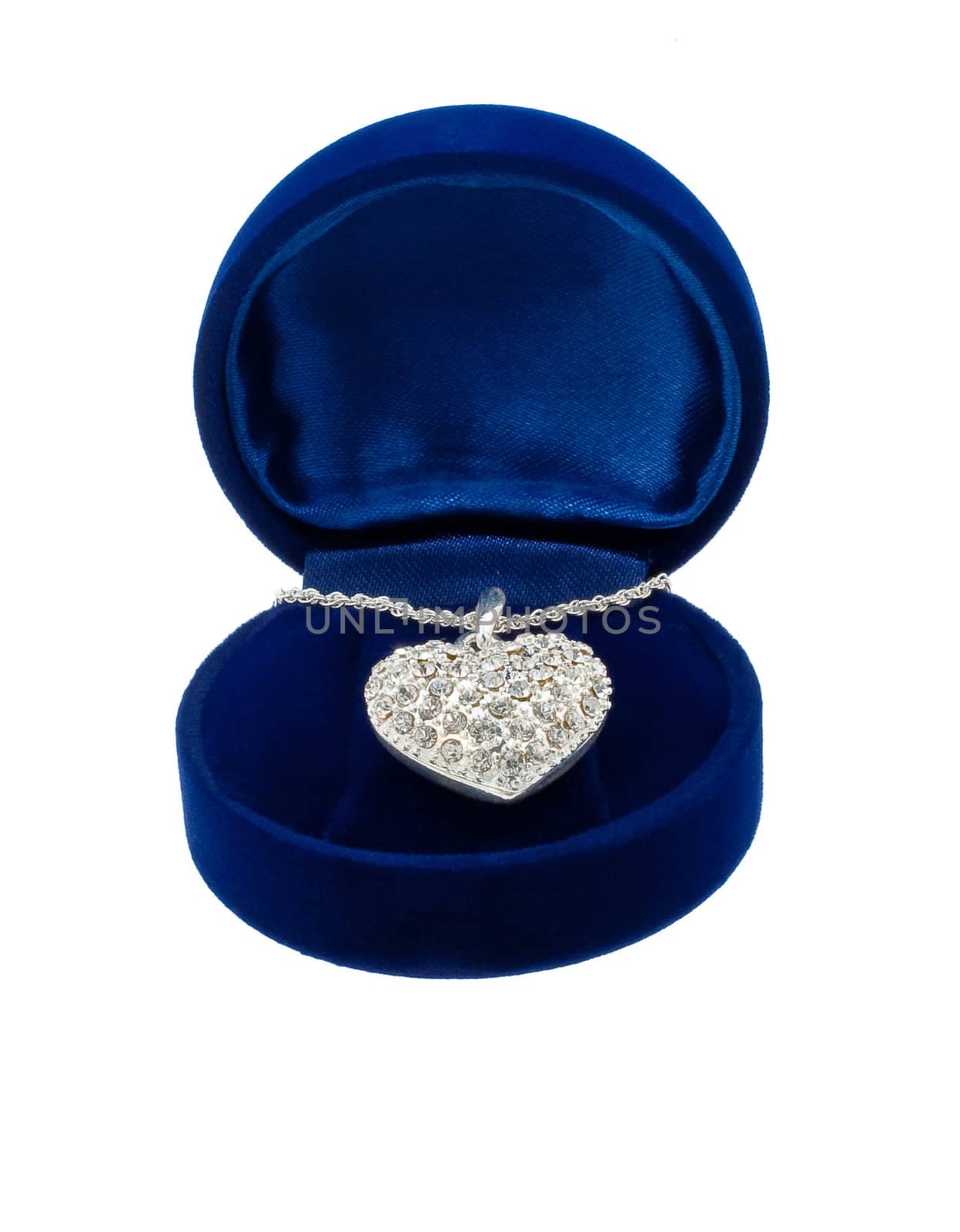 Chain with a brooch in form of heart in blue present box on white background