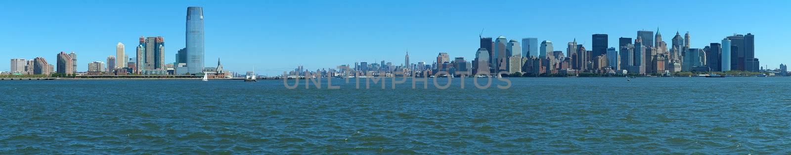 New York's Manhattan and Jersey City panorama photo, water in foreground