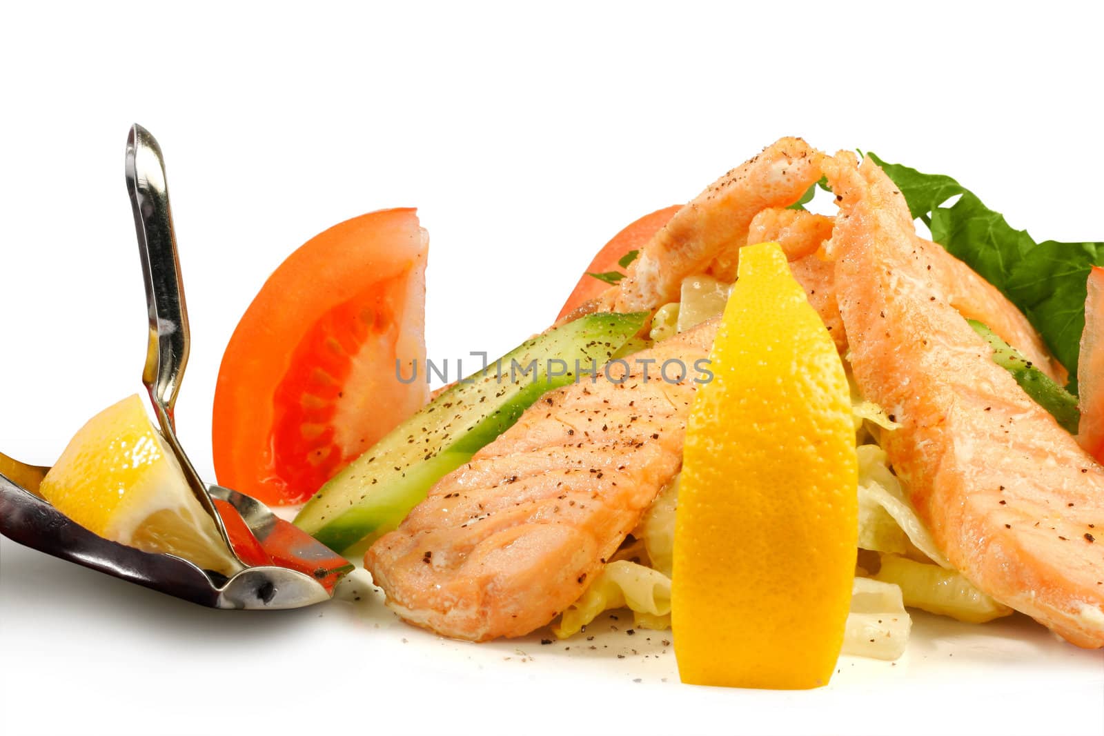 Salmon with vegetables isolated on white by igor_stramyk