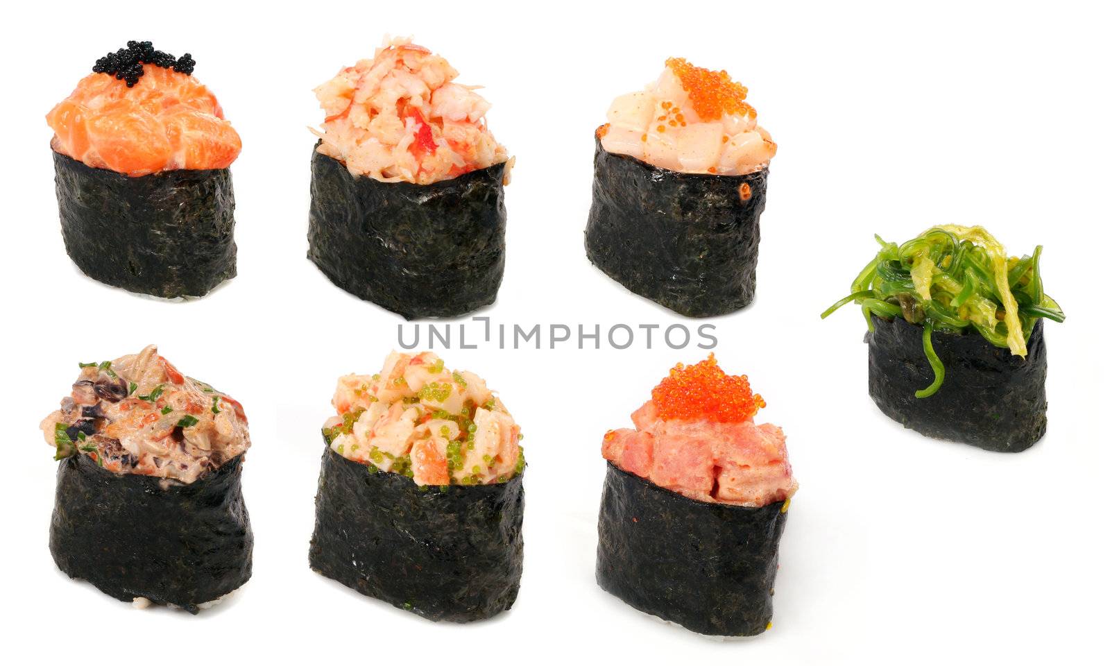 Different tipes of sushi, isolated on white