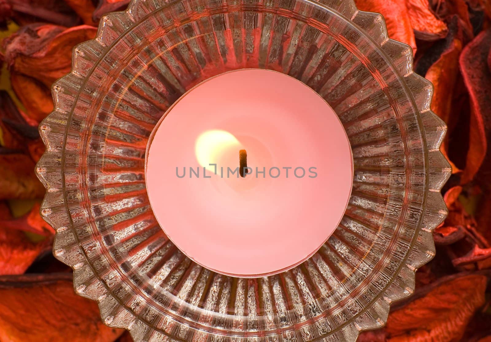pink candle light taken from above, red flowers background