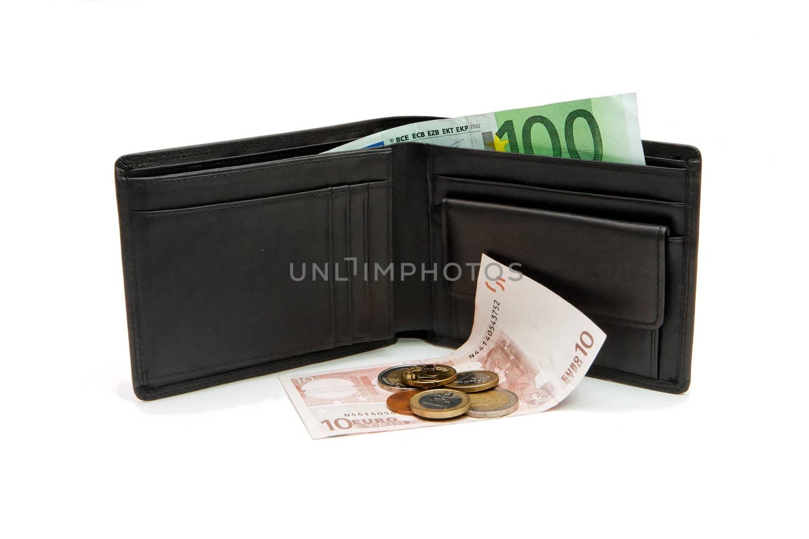 Black wallet and euro banknotes and coins on white background