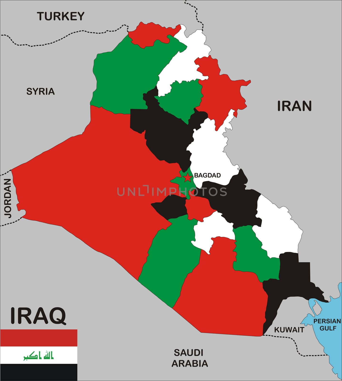 political map of iraq country with neighbors and national flag