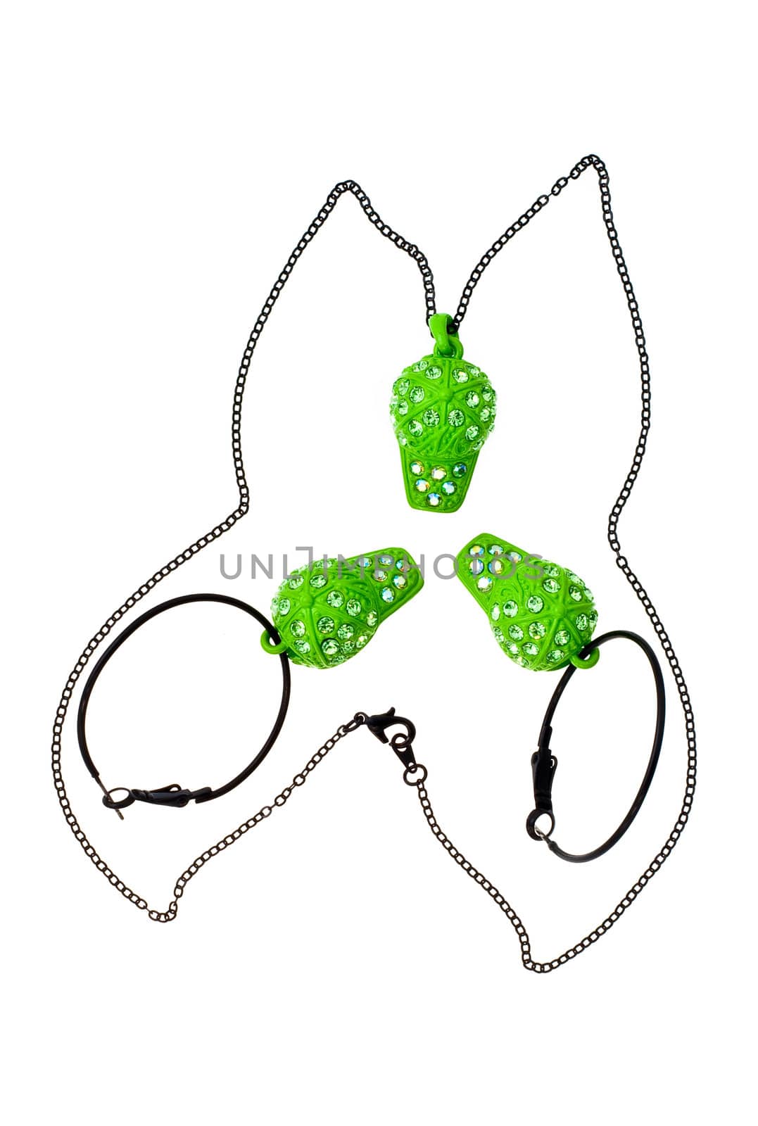 Original green chain and earring butterfly shaped on white background