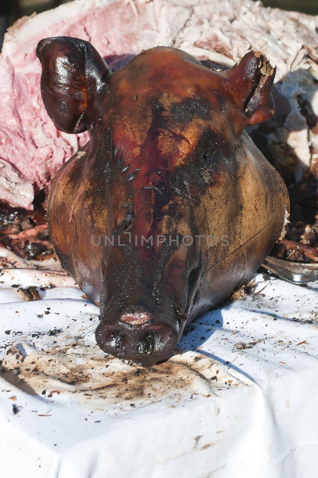 Head of a pig roasted on a grill