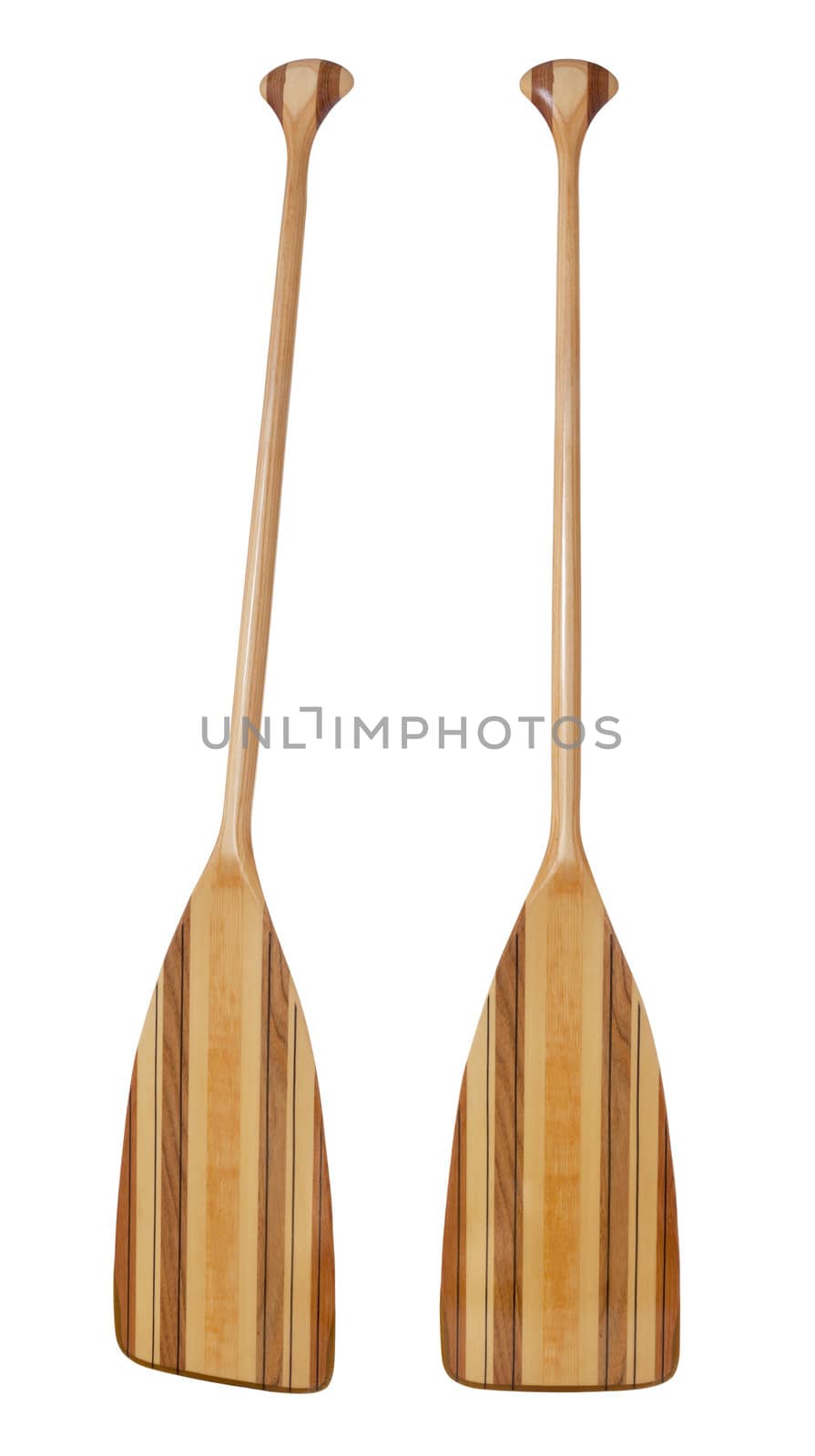 wooden (basswood, butternut and red alder)) cruising canoe paddle with bent shaft and tip reinforced with fiberglass, isolated on white, two views