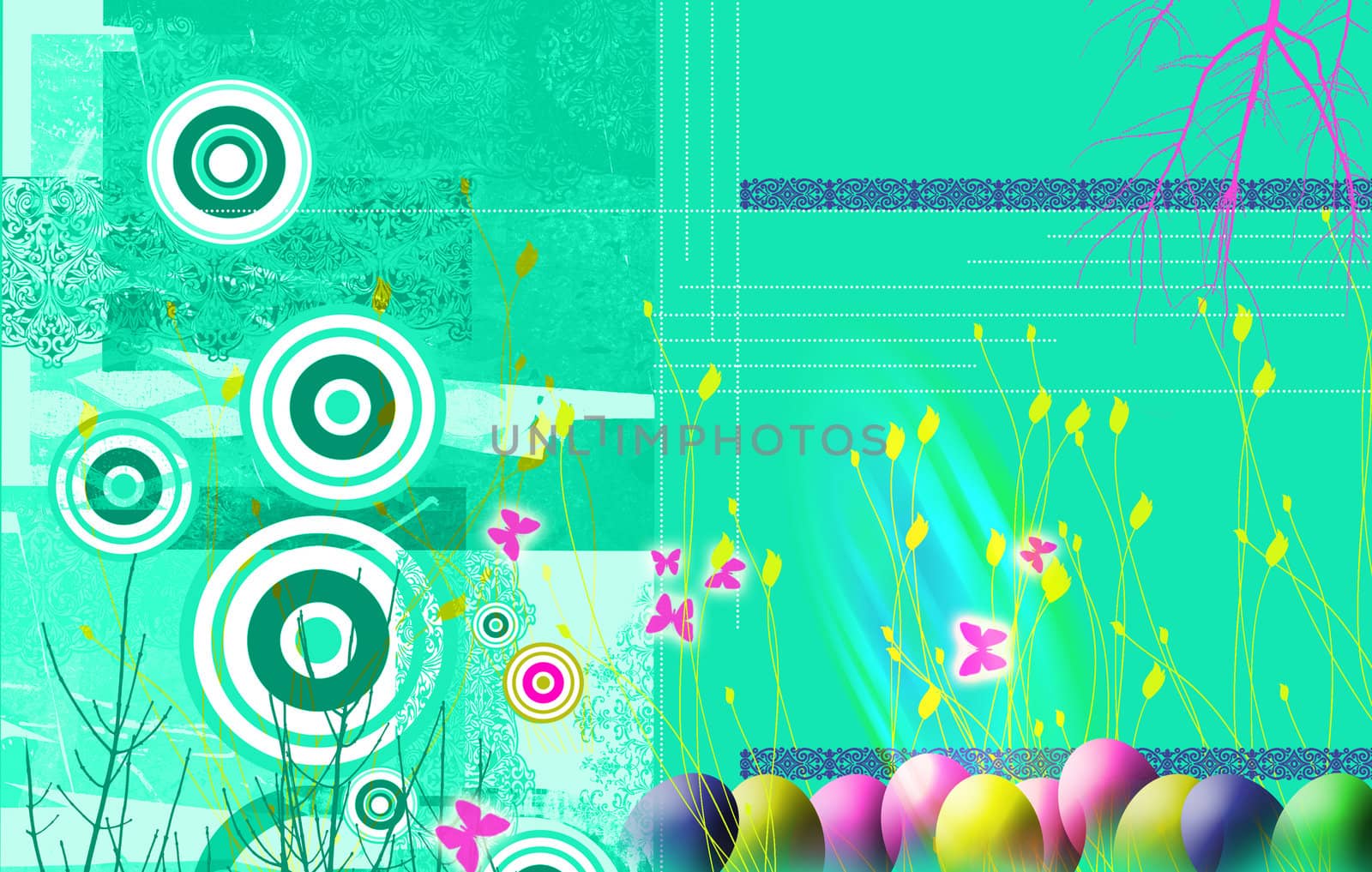 Landscape format grunge styled background image, with dayglow pink,yellow and blue easter eggs. Ideal web base background with space for copy etc.