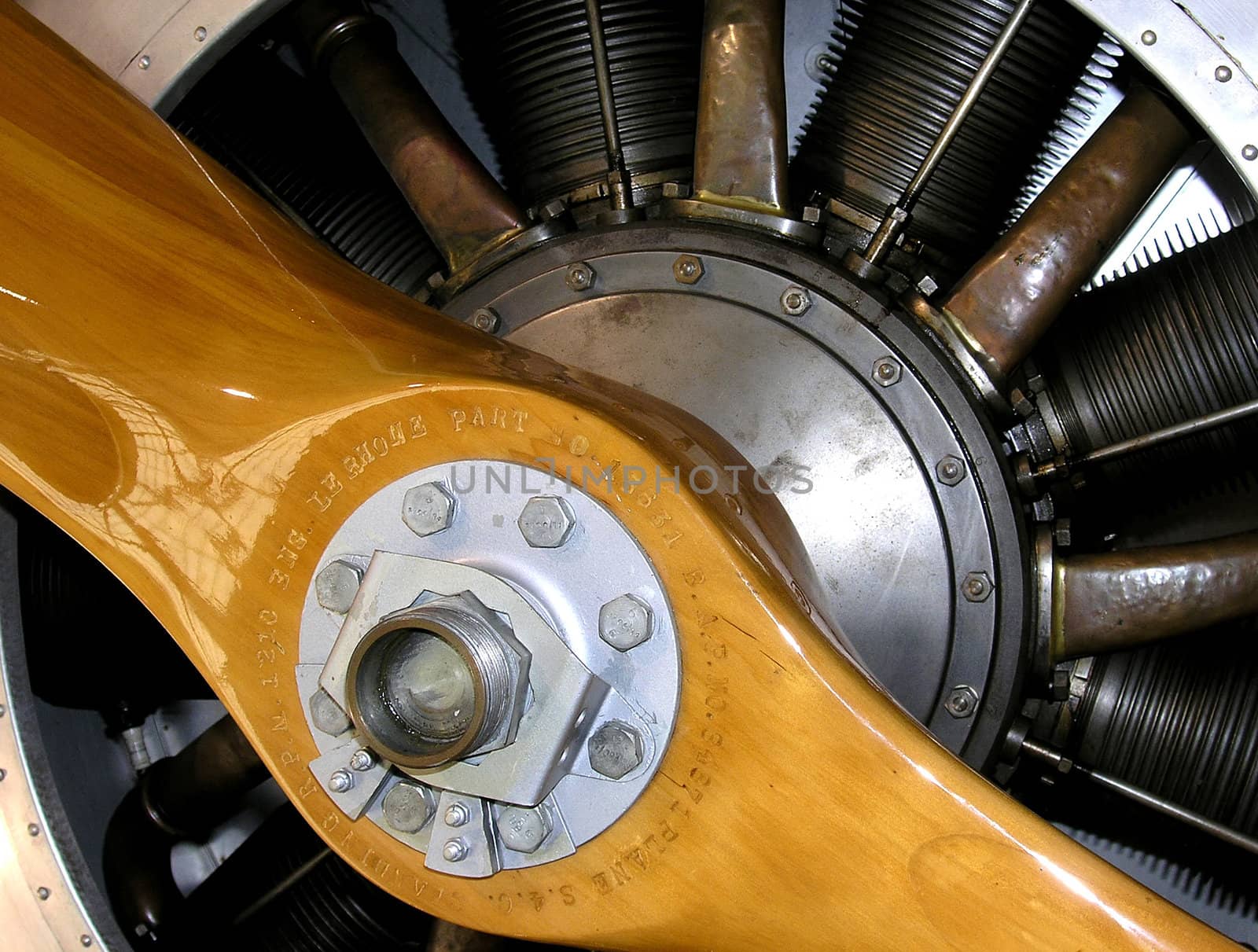 The engine (pistons heads) and screw of the air-screw plane. 