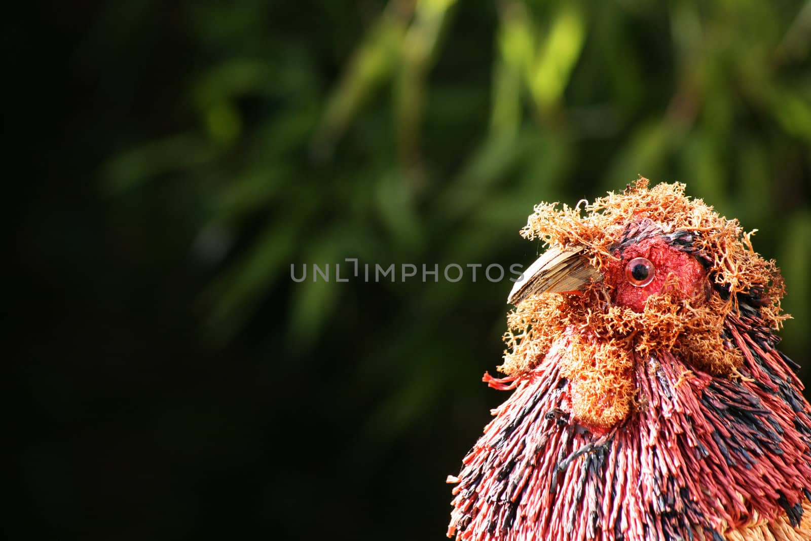 A hand made straw and string constructed chickhen/rooster. A landscape format with soft focus greenery to the background.