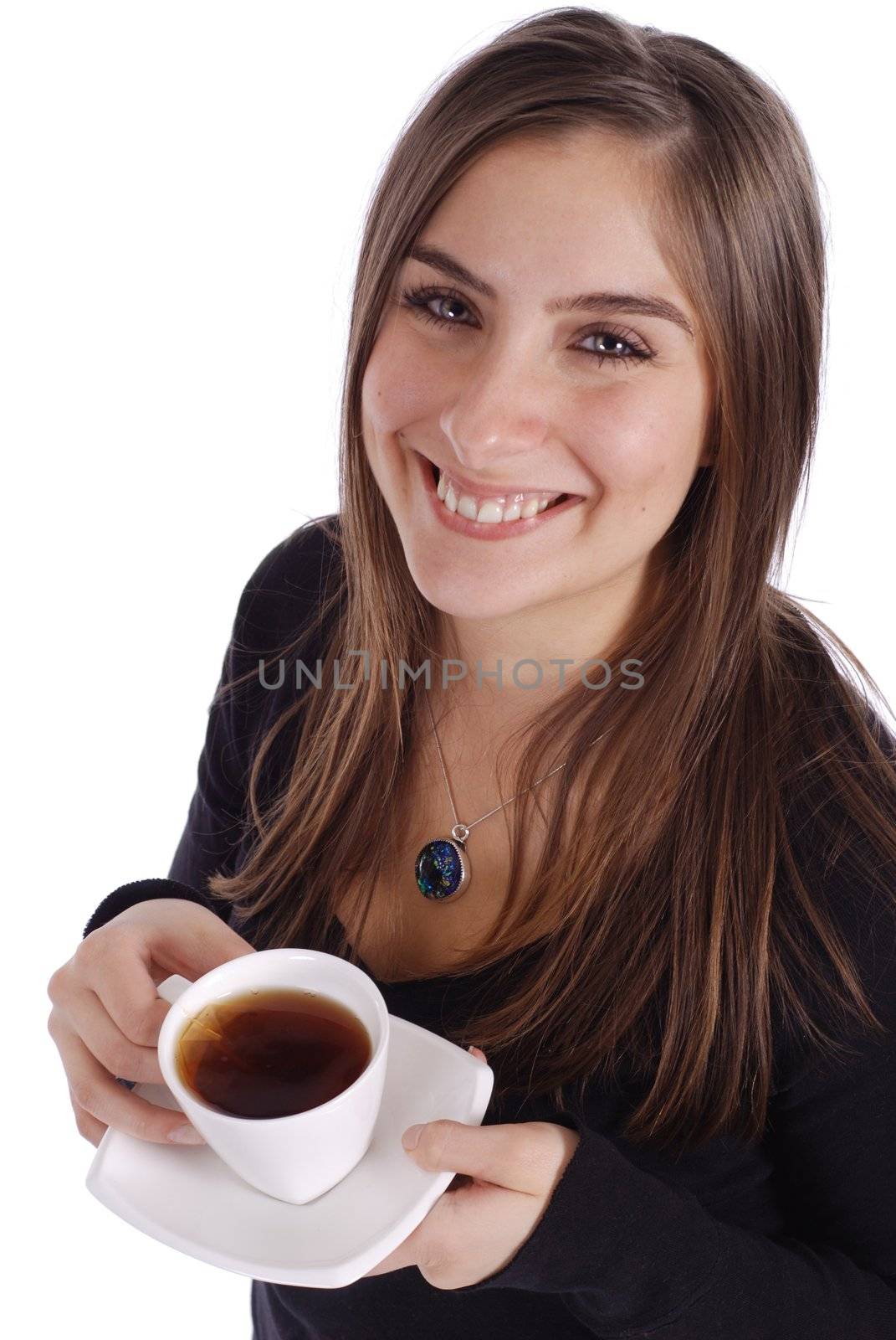 Beautiful woman holding tea cup and saucer on a white background