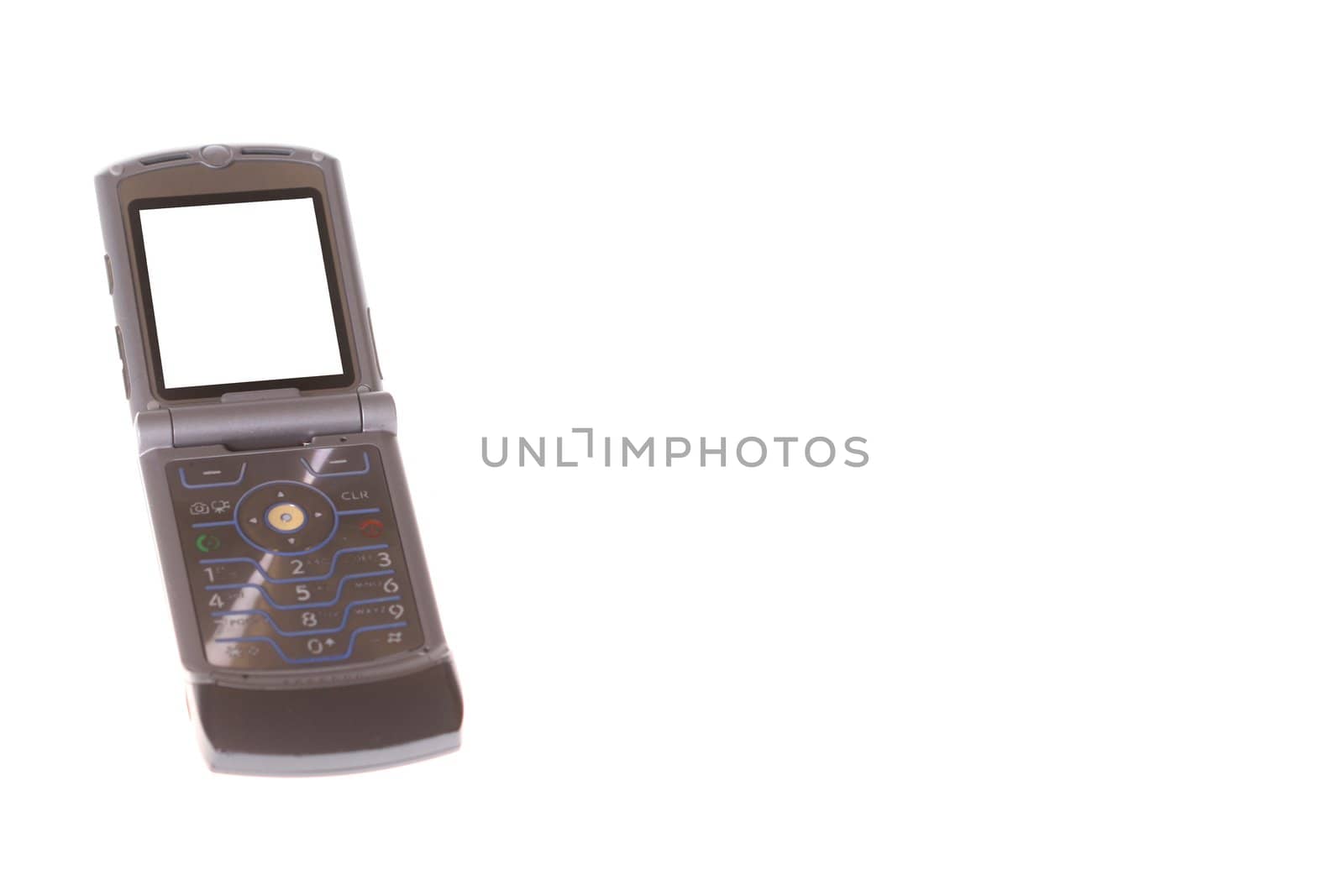 Cellular phone on white background with copy space