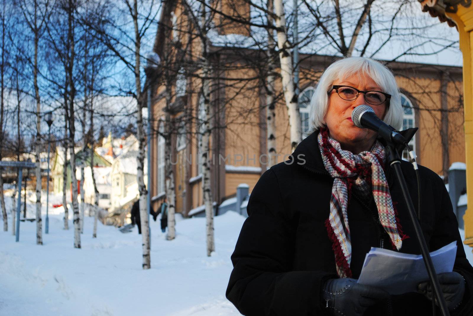 Gunnhild Johansen is a norwegian social democrat politician of the Socialist Left Party. She is currently the vice mayor of the city of Tromsø. Here she is speaking at a rally against petroleum activity in northern Norway.