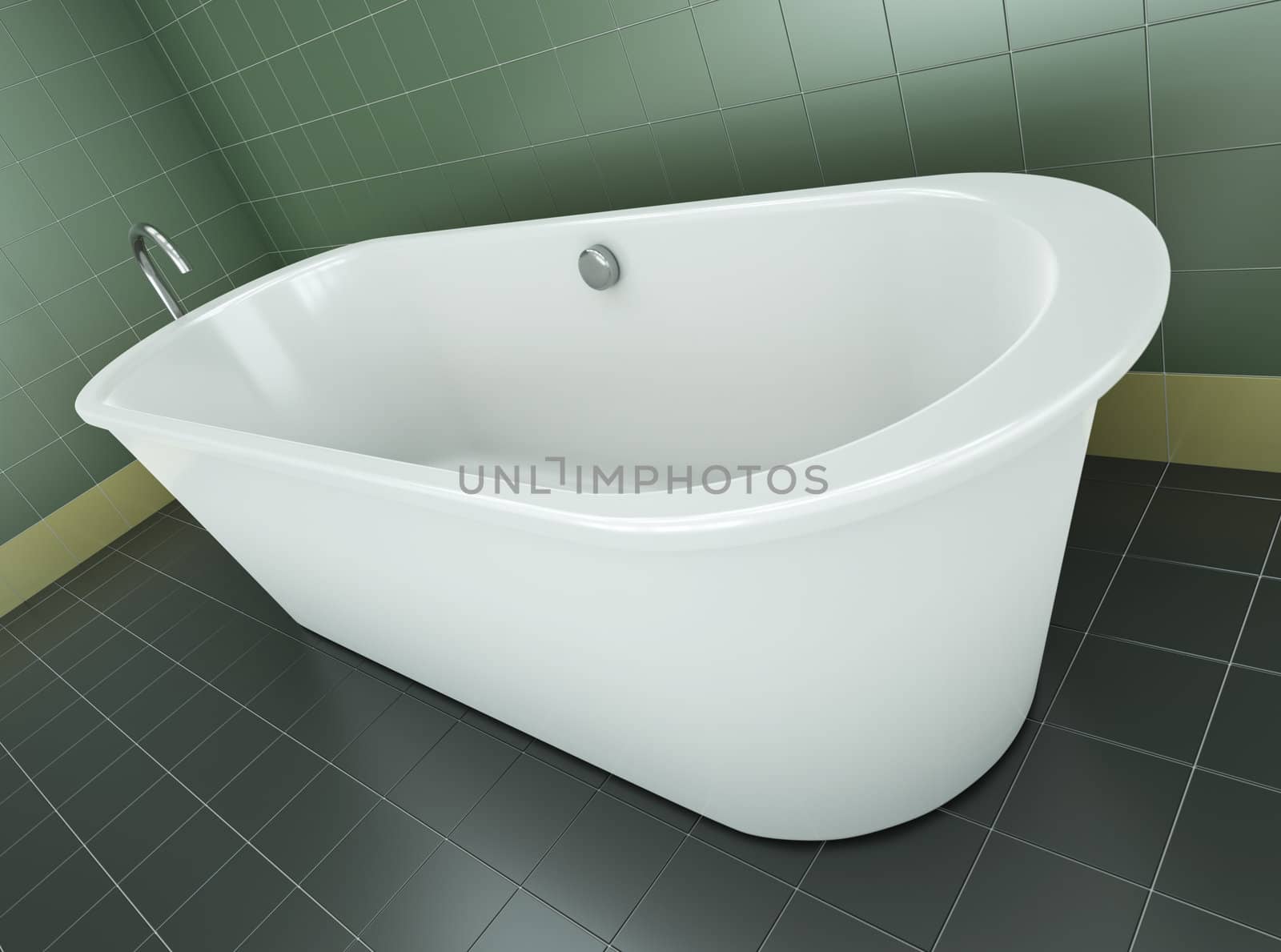 Classic bathtub in a green tile bathroom. 3D render.