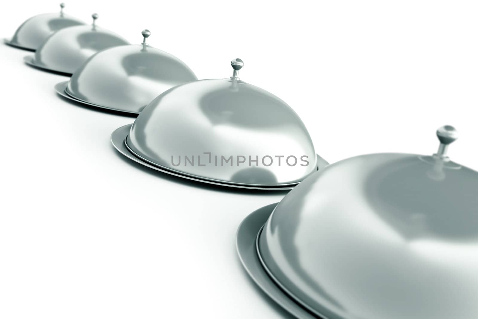 Row of silver trays. 3D render.
