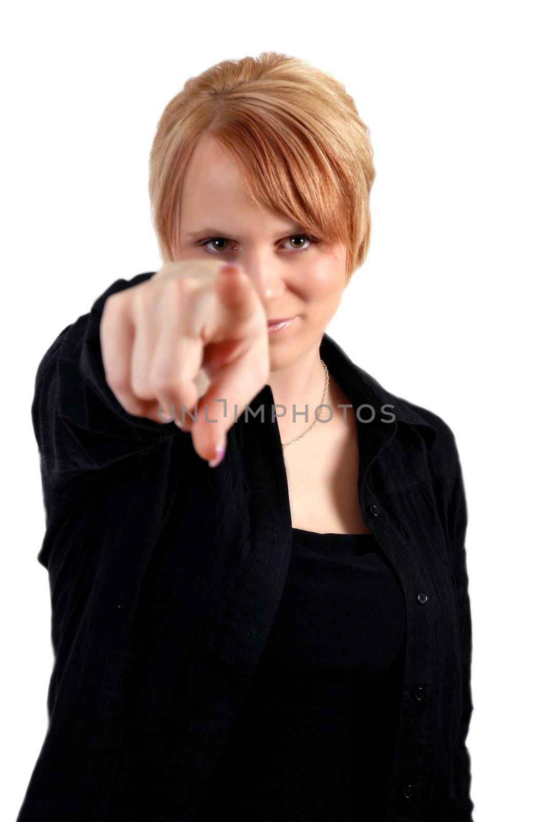 Strawberry Blond business woman pointing 
