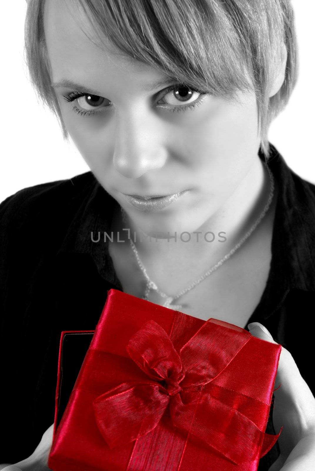 Black and white girl with red gift box