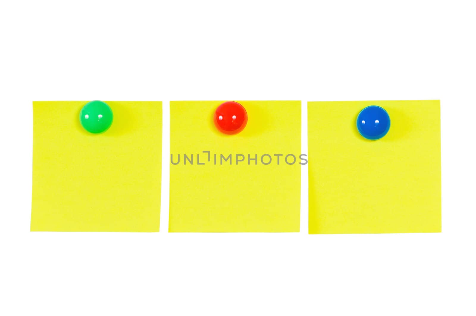 Yellow reminder notes with multicoloured pin  isolated on white background