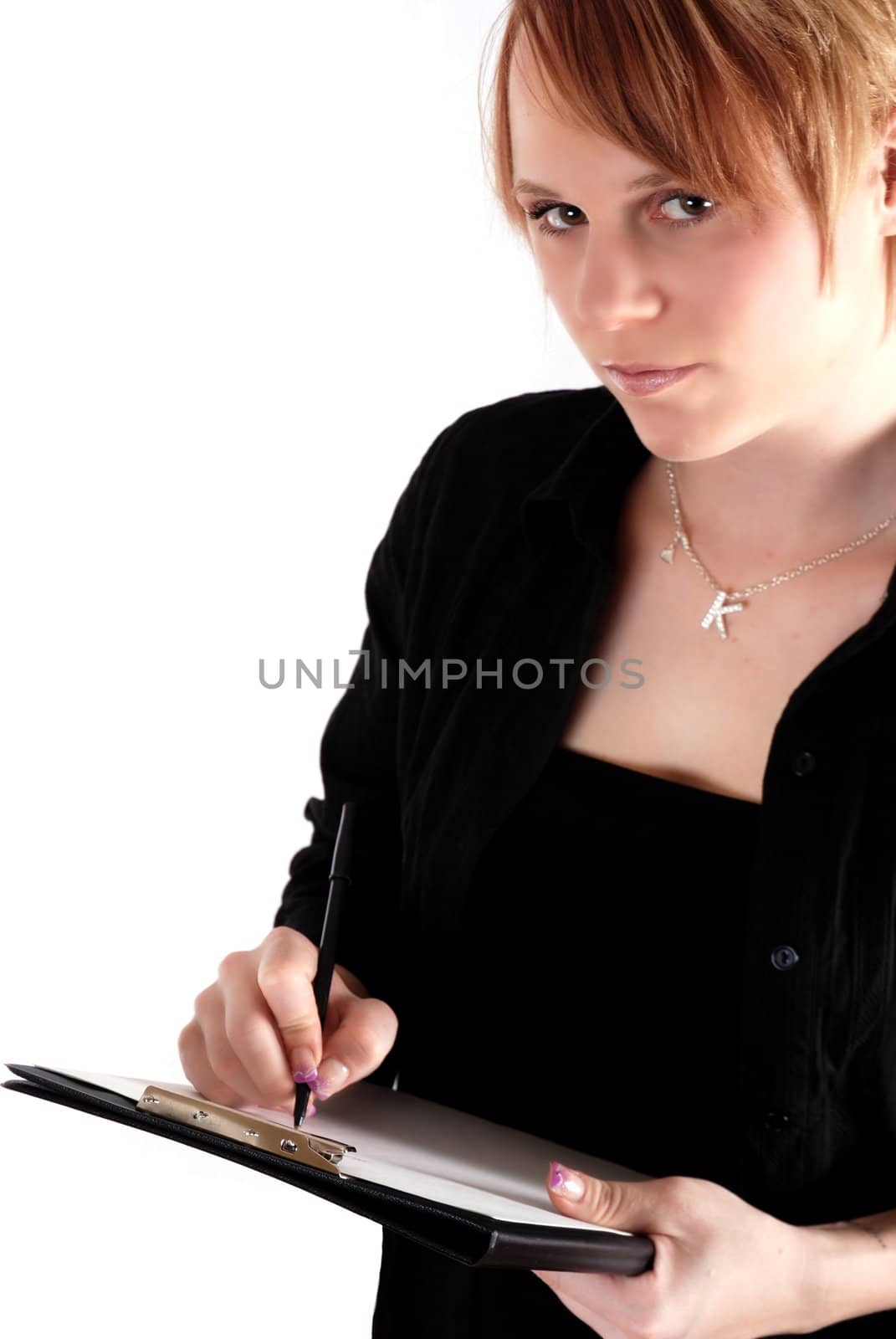 Strawberry Blond business woman holding a clipboard