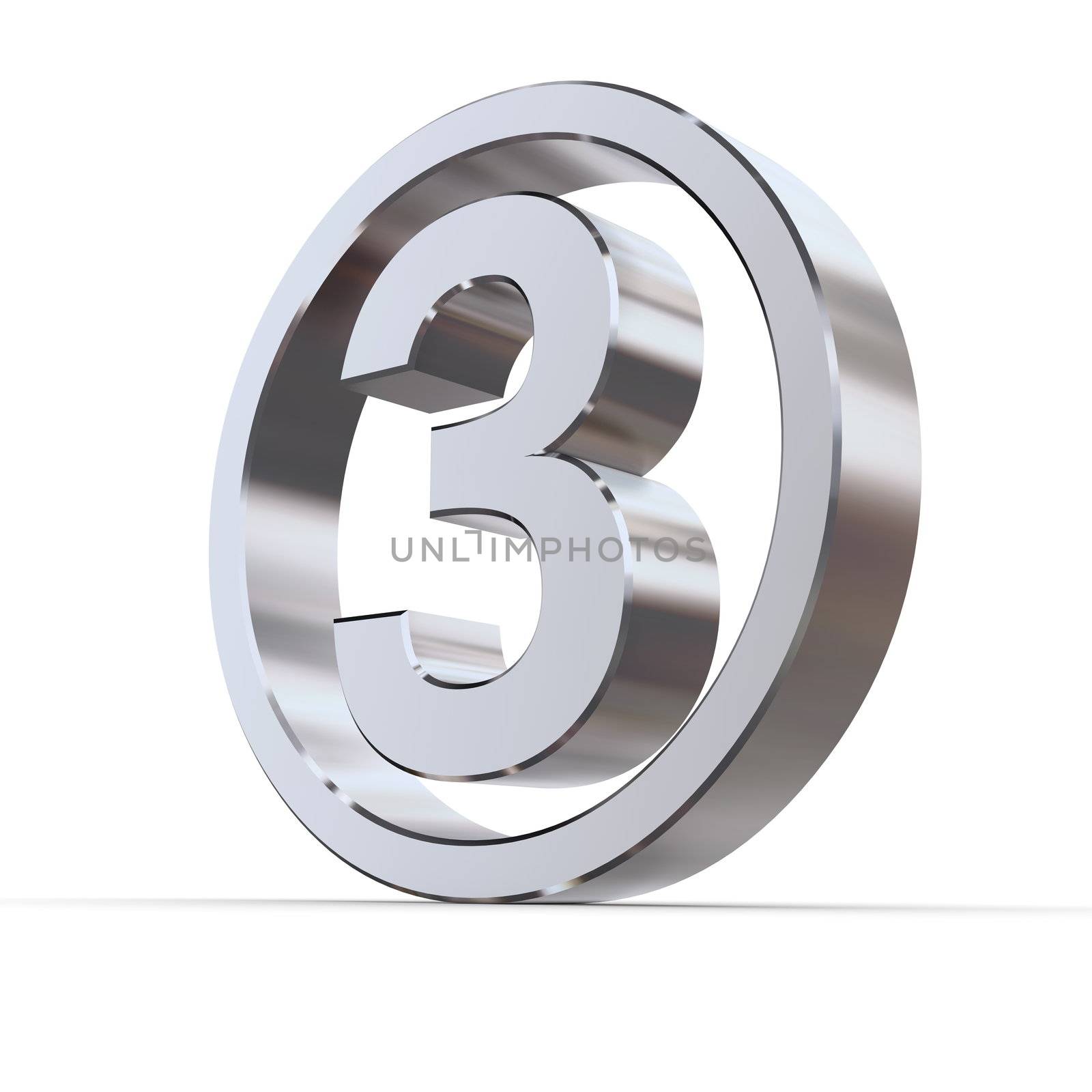 shiny 3d number 3 made of silver/chrome in a metallic circle