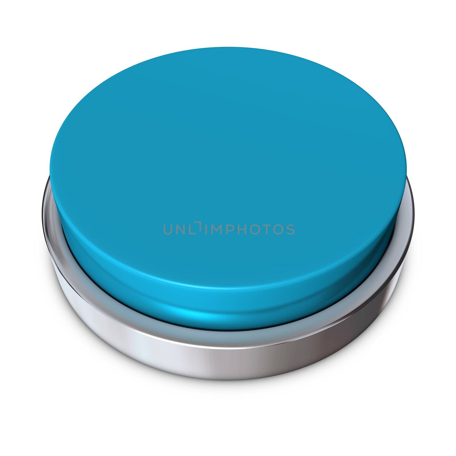 light blue round push button bordered by a metallic ring - design template
