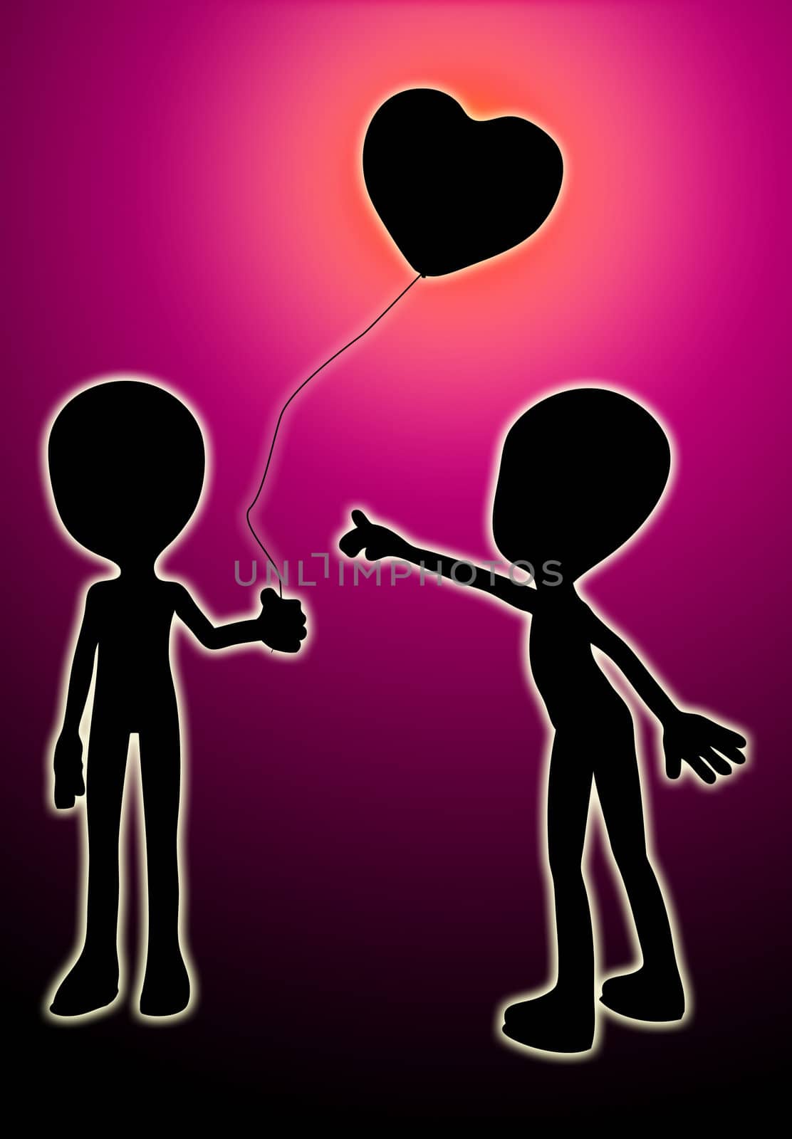 A cartoon silhouette pointing at a balloon in the shape of a love heart. 