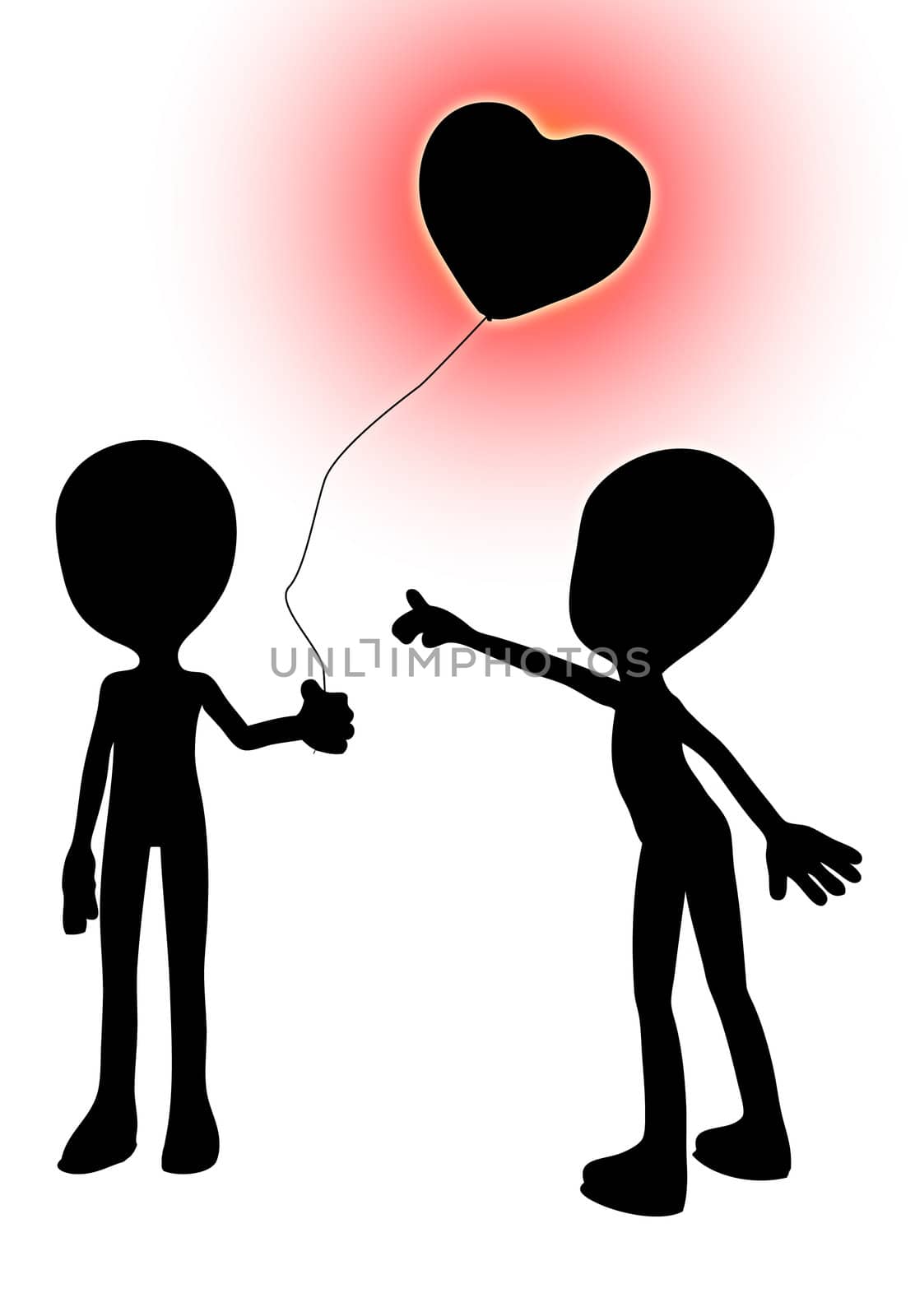 A cartoon silhouette pointing at a balloon in the shape of a love heart. 