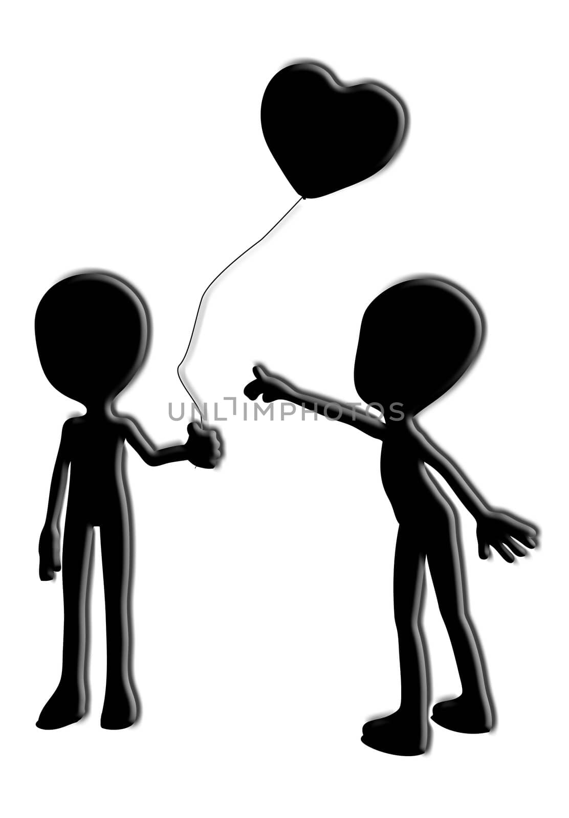 A cartoon silhouette pointing at a balloon in the shape of a love heart. 