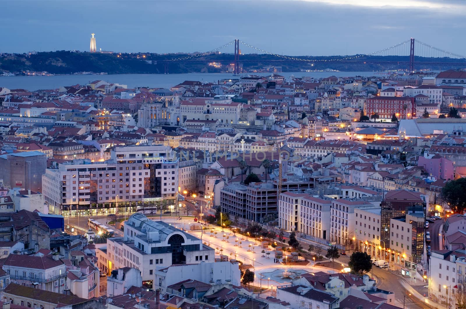 View of Lisbon's downtown  and martim Moniz square with river on the background