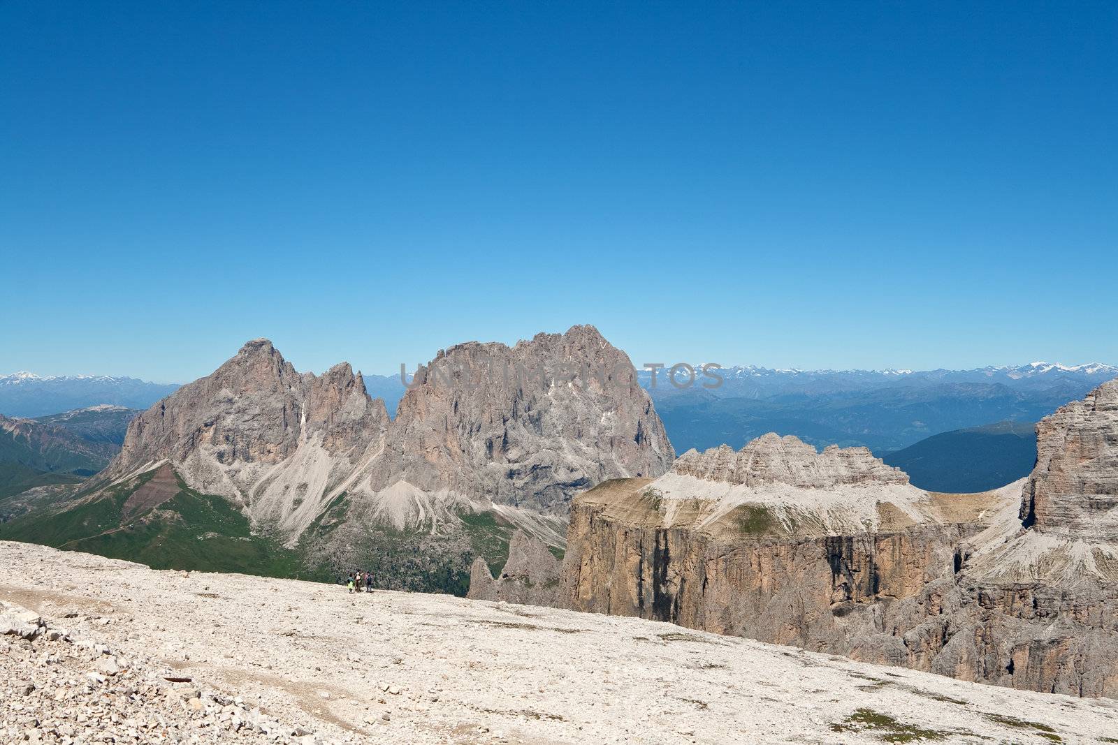 Summer view from Saas Pordoi of italian Dolomites in val di fassa with Sassolungo - Langkofel mount