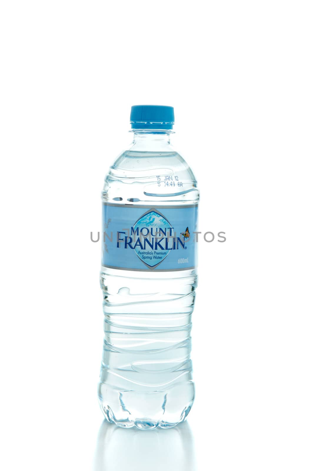 A bottle of Mount Franklin premium spring water. 600ml   Mount Franklin is owned by Coca-Cola Amatil.  