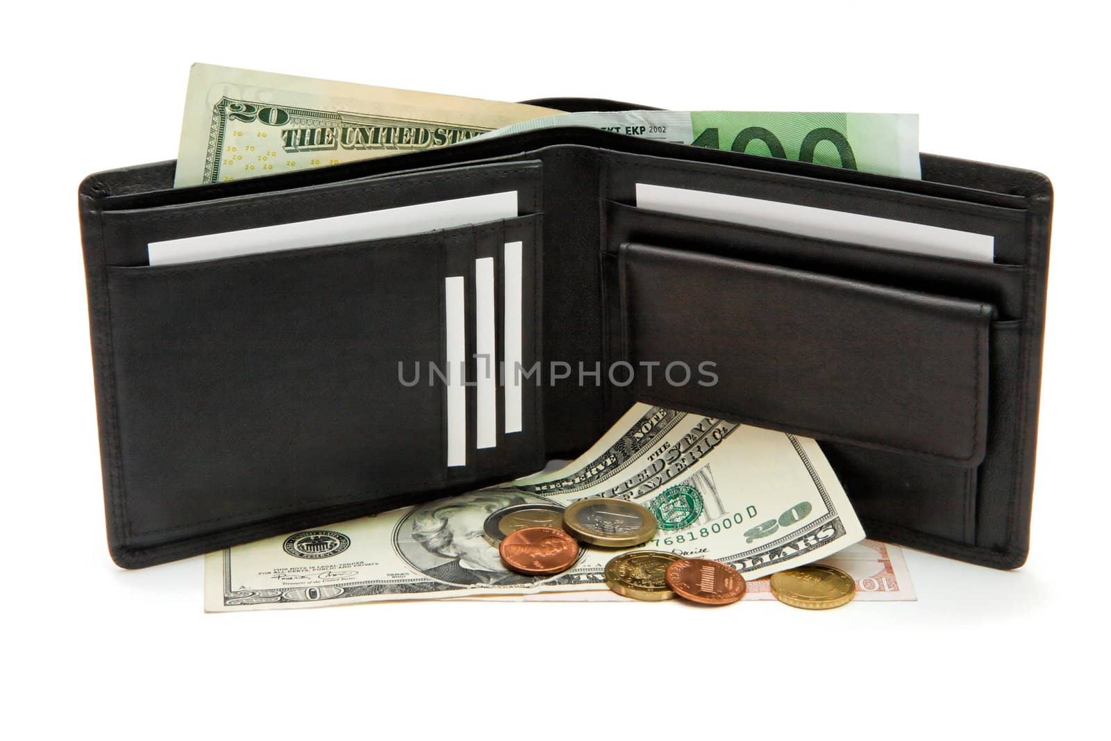 Black wallet, banknotes and coins on white background