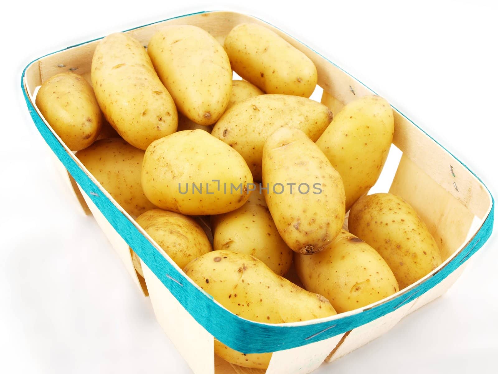 Fresh potatos with shell, in a basket towards white background
