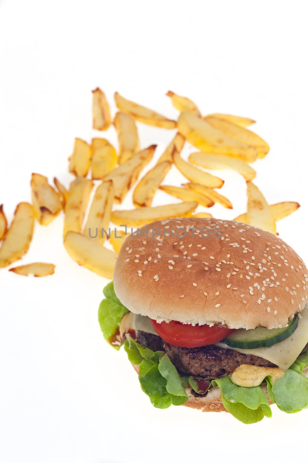 hamburger and french fries isolated on white by bernjuer