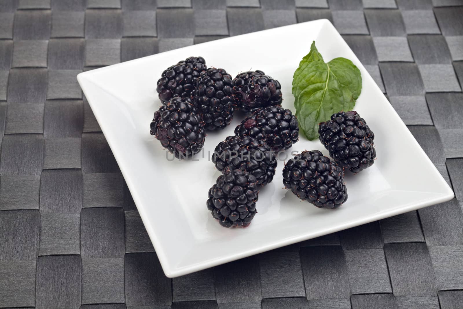 blackberries on a white plate with a peppermint leaf by bernjuer