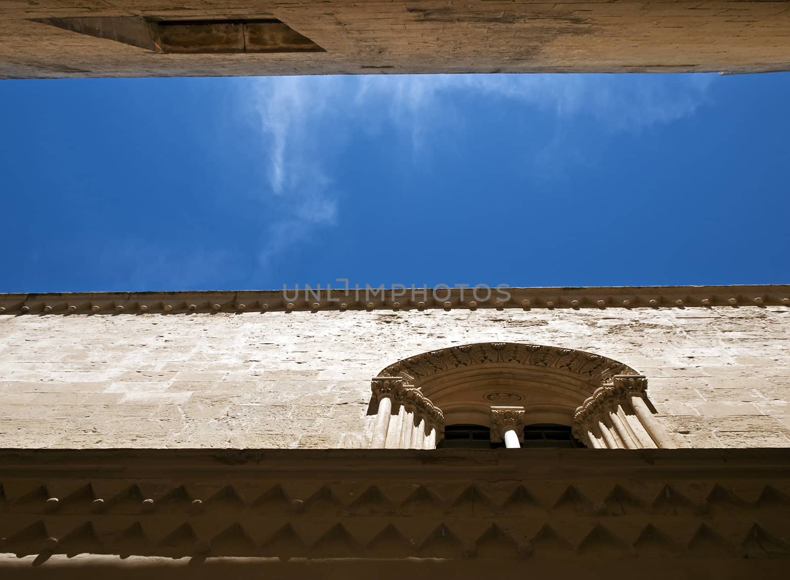 Looking up through the narrow streets in Mdina in Malta