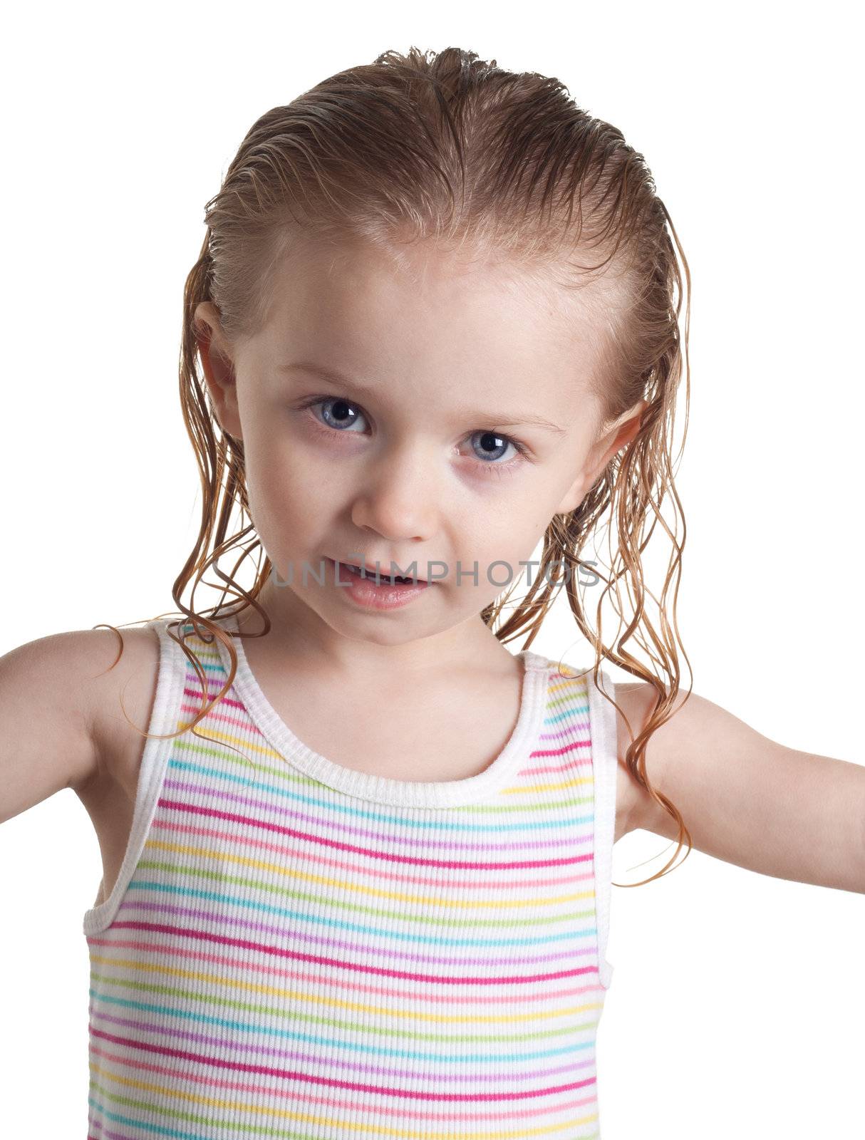 An isolation of a cool girl.  She is wearing a striped shirt and very happy.