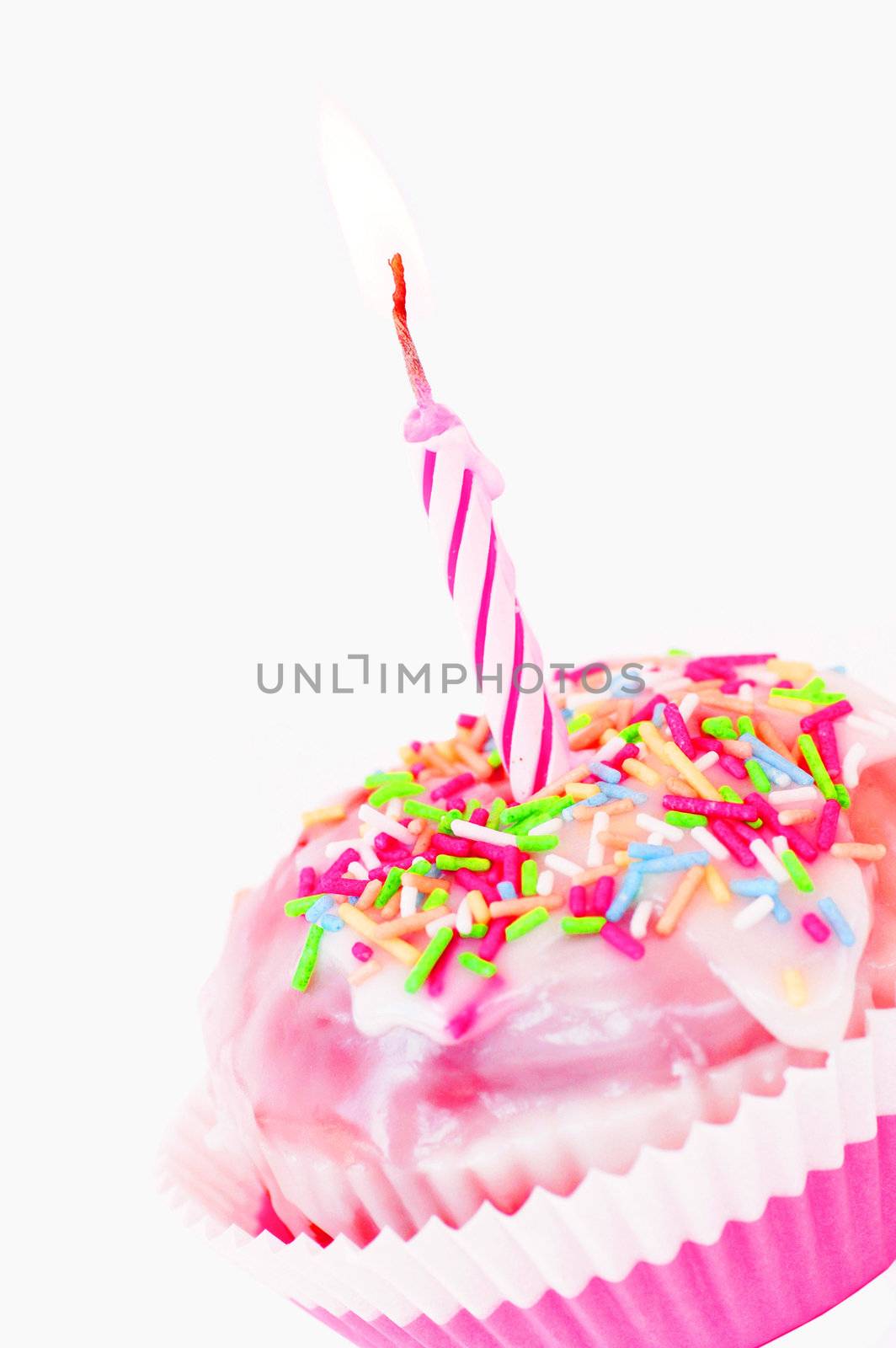 Single cupcake with pink lit candle
