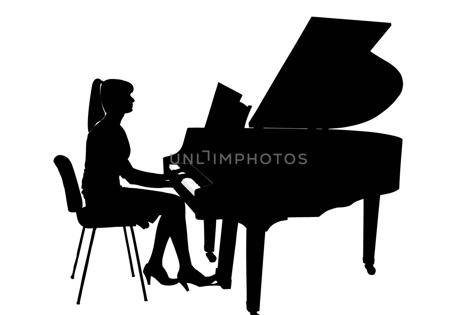  silhouette of a girl playing the piano on a white background